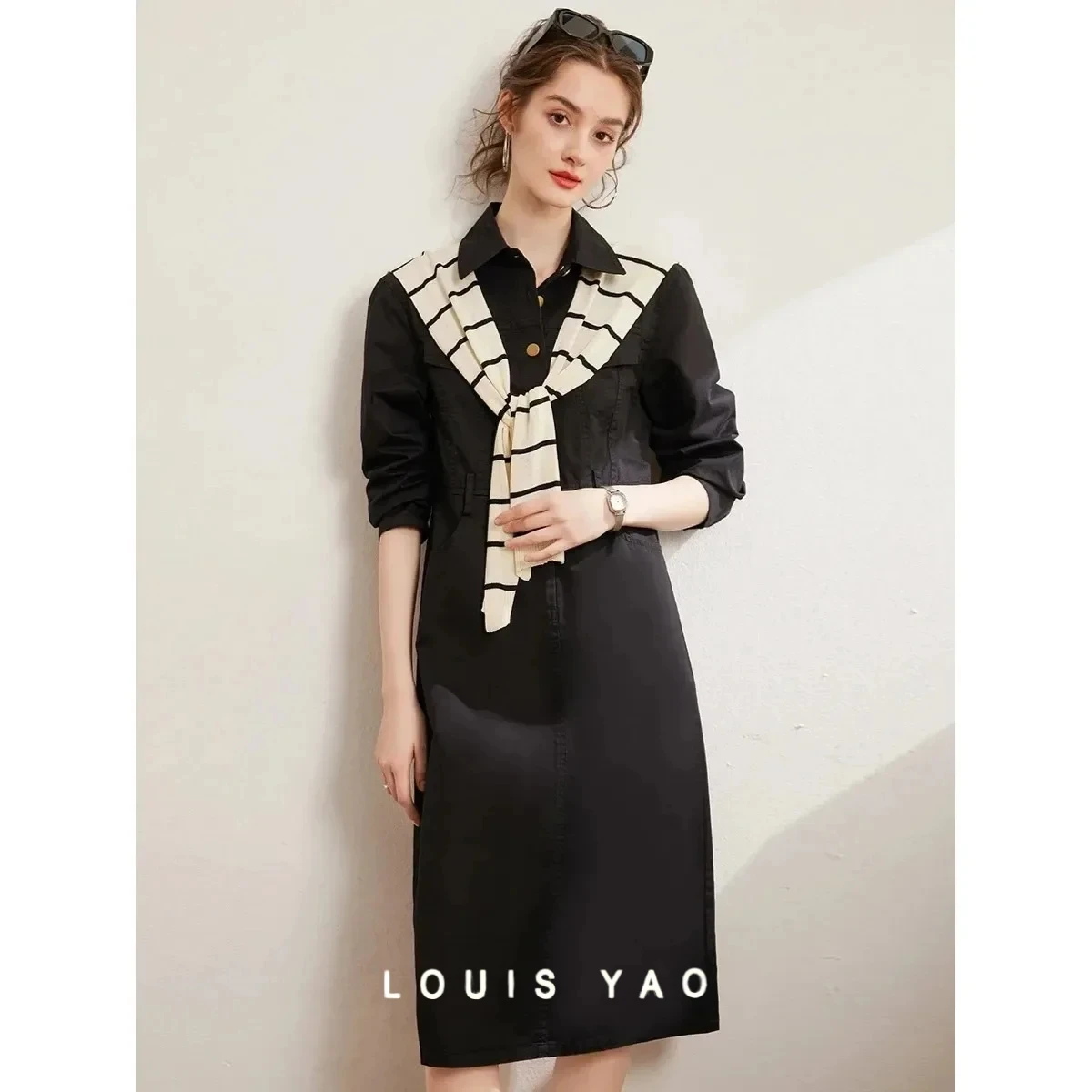 

LOUIS YAO Workwear Detachable Shawl Long Dress 2025 Spring New Fashion Casual Lapel Women's Dresses Cotton Dresses