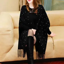 4 kleuren Soild Mantel Oversize Kralen Kristal Winter Gebreide Sjaal Poncho Out Wear Jas Cadeau Voor Vrouwen Glanzend Lange Mouwen Cape