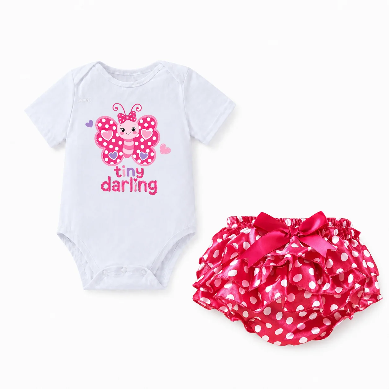 Newborn Baby Girl 2Pcs Summer Outfit Short Sleeve Butterfly Print Tiny Darling Bodysuit + Polka Dot Ruffle Bow Bloomers Infant C
