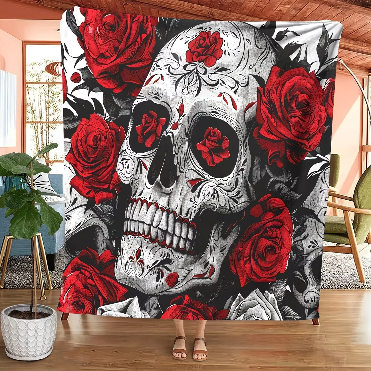 Skull Rose Dark Art Flannel Blanket For Edgy Bedroom Decor Soft Warm Throw Blanket Wrap