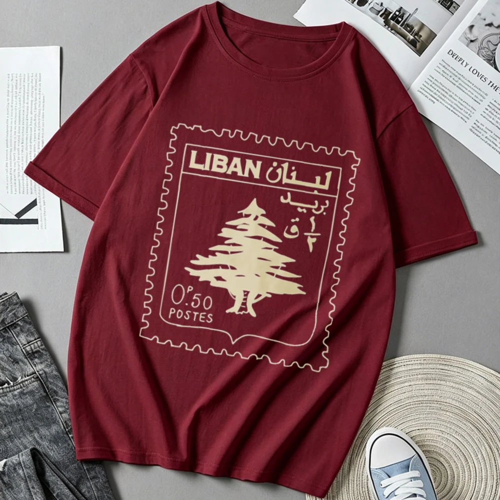 Lebanon Cedar Stamp T Shirt Men Women Vintage Liban Post Stamp Graphic Tee Casual Short Sleeve Tops Retro Cedar Tree Postal Tees