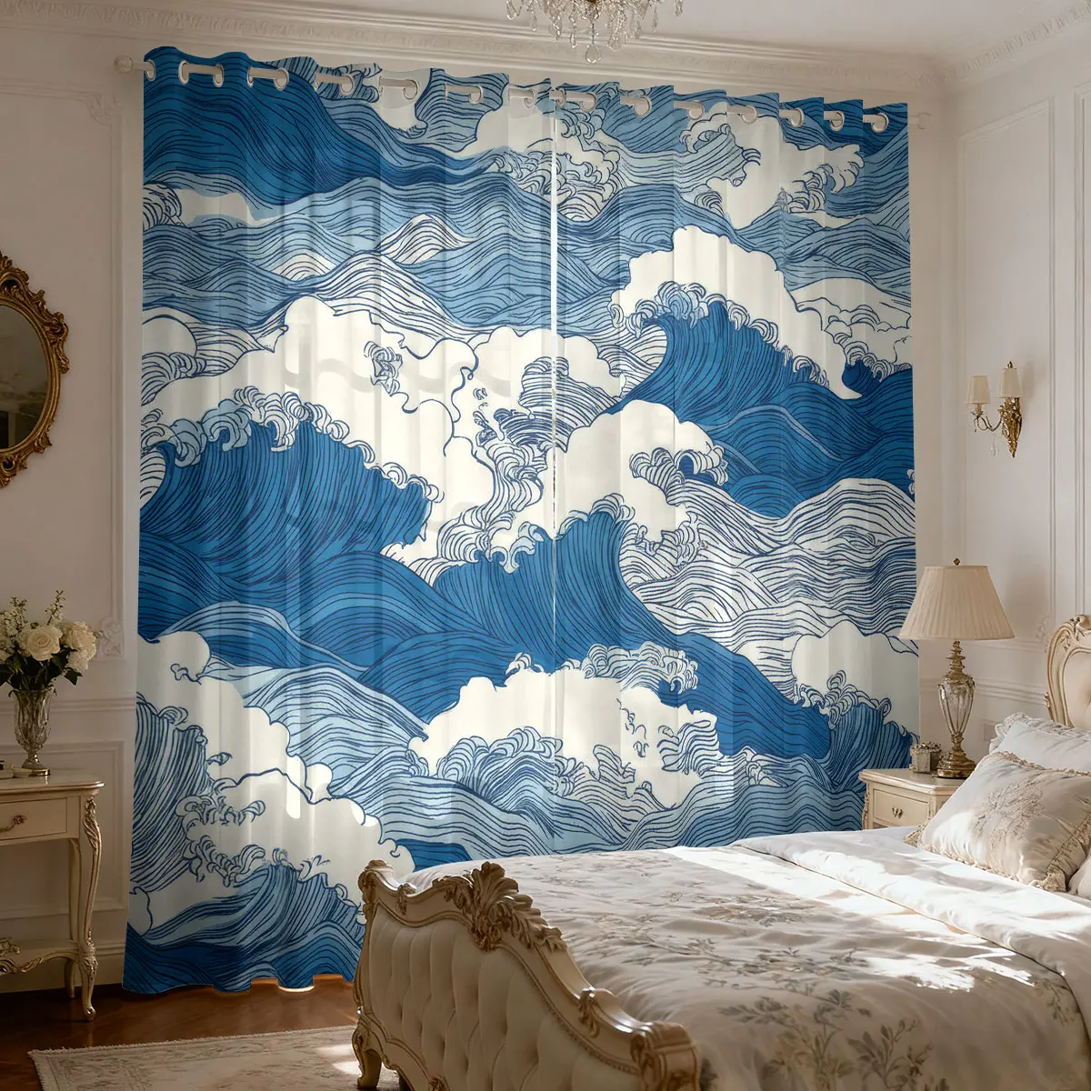 2pcs Japanese Ocean Wave Curtains Blue Great Wave Window Drapes Vintage Ukiyo-e Sea Art Decor for Living Room Bedroom