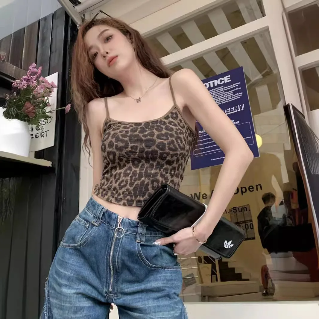 Frauen Leibchen Leopard Print Crop Tops Vintage Y2k Sommer Mode Streetwear Tank Top Weibliche Sexy Ärmel Off Schulter Weste