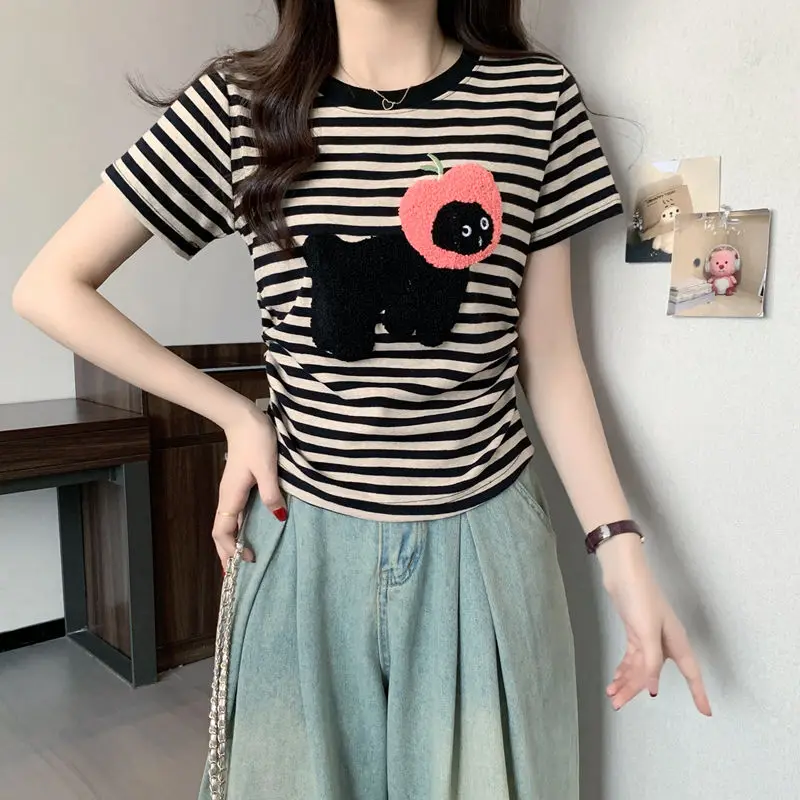 Women Summer Simplicity Slim Striped Cotton O-neck Short Sleeve T-Shirt Women Clothes Casual All-match Appear Thin Sweet Tops