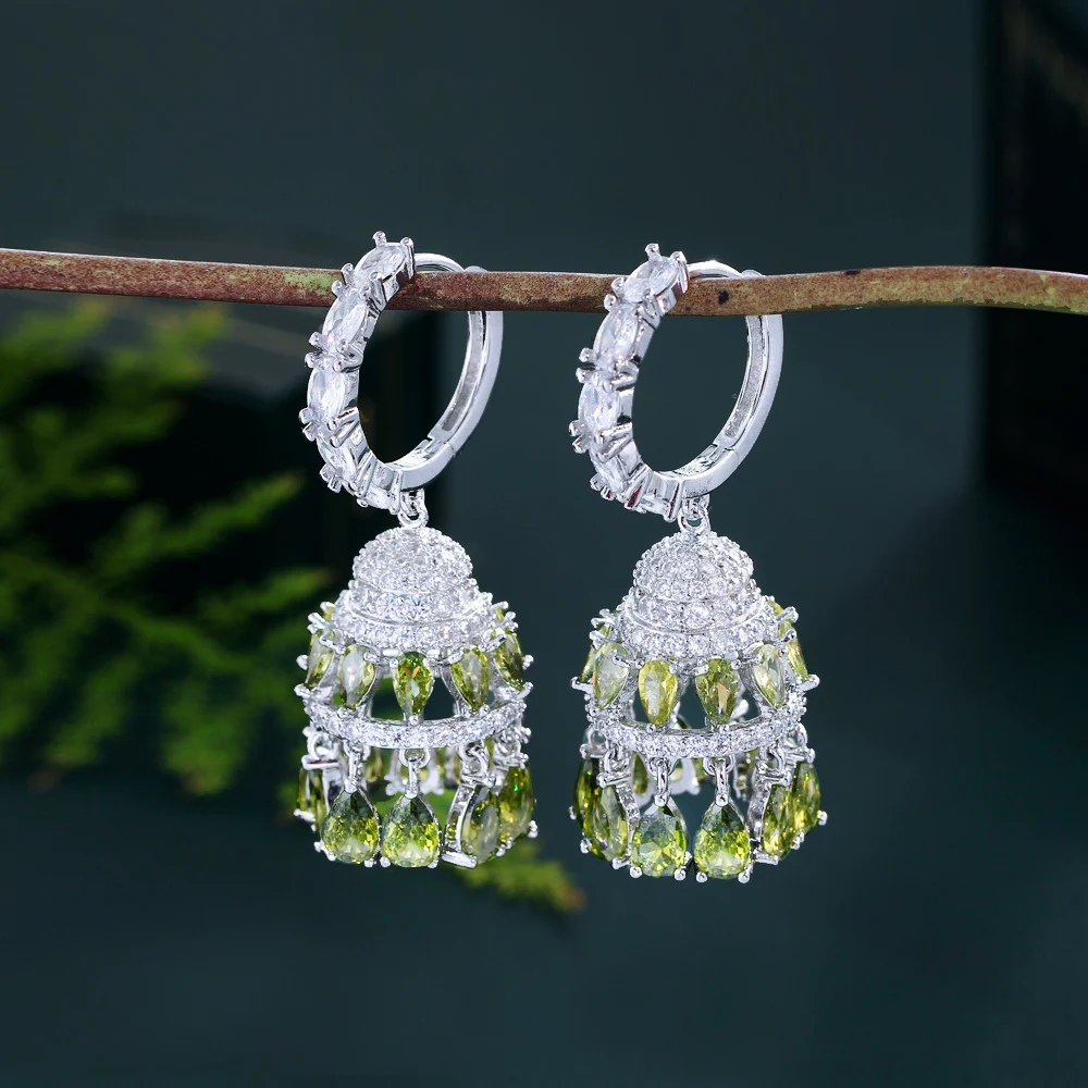 ThreeGraces Elegant Olive Green Cubic Zirconia Silver Color Long Tassel Drop CZ Hoop Earrings for Women Party Jewelry E1793