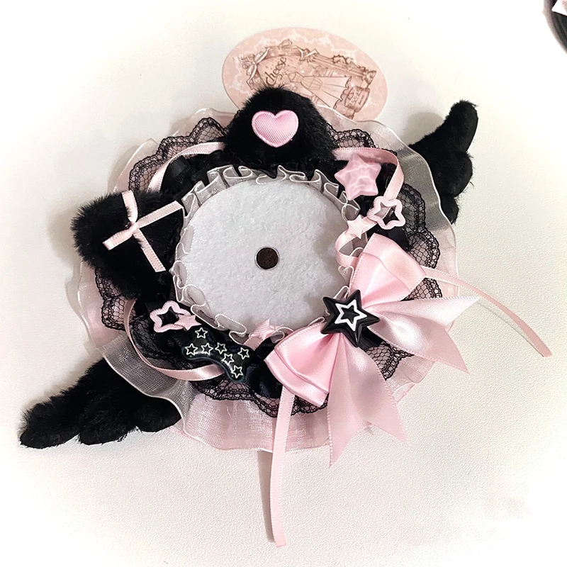 Handmade anime badge holder, black‑white tone, plush beast ears and tail, layered lace ruffle, big bow, heart star ornaments, dark sweet Lolita aesthetic, collectible decorative accessory for anime badge