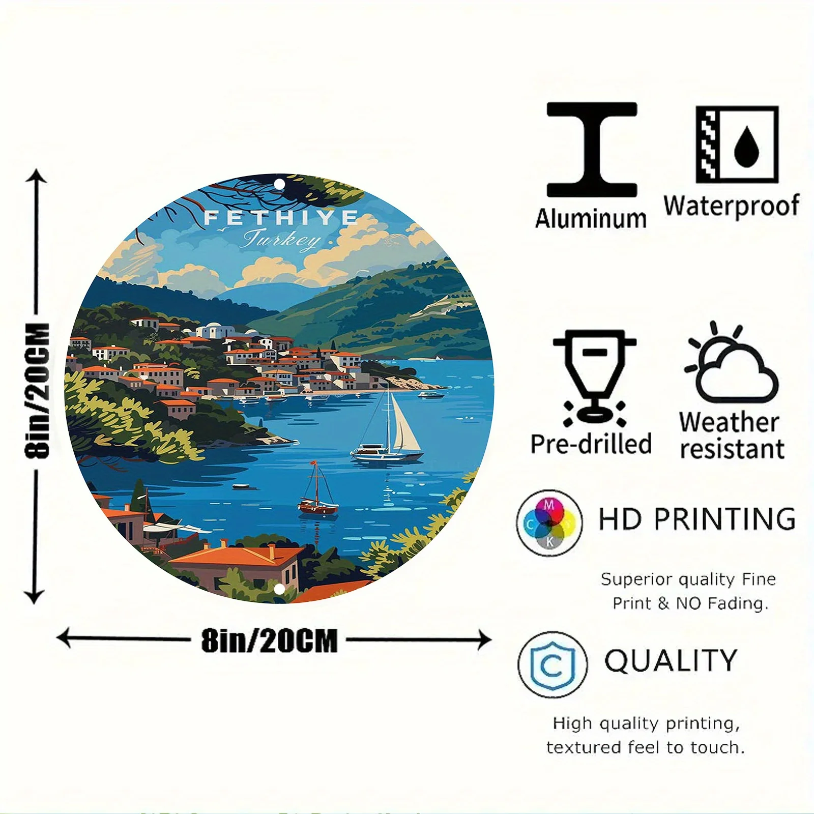 1pc Vintage Fethiye Turkey Aluminum Wall Sign - 8x8 Inch Round, Coastal Town Scene with Sailboat, Scratch & UV Resistant - Ideal