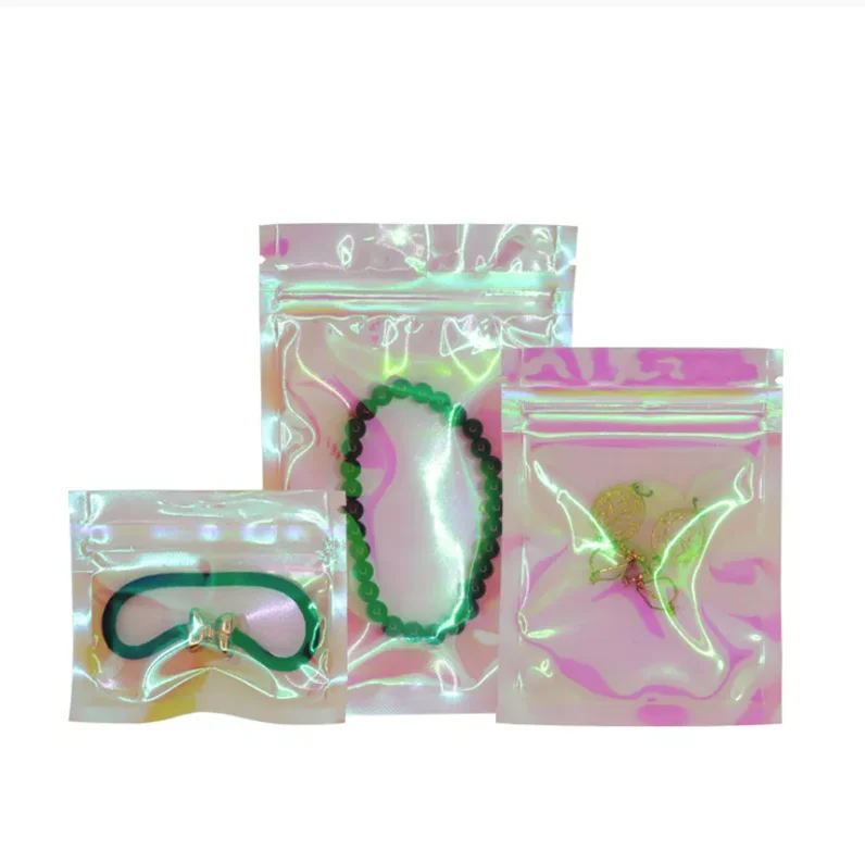 100 Pcs Iridescent Zip lock Bags Pouches Cosmetic Plastic Laser Iridescent Bags Holographic Makeup Bags Hologram Zipper Bags