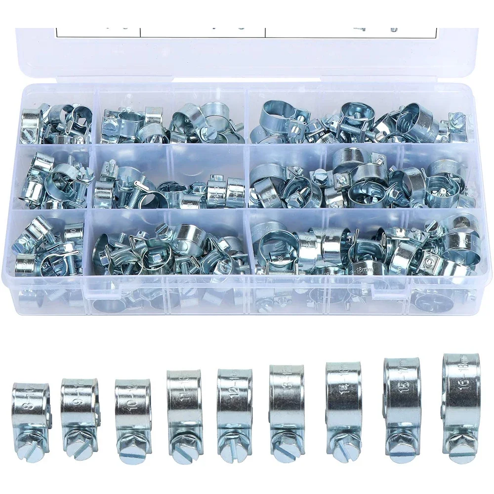 Schlauchklemmen, 135-teiliges Set Doppelohr-Klemmen 8-18mm Schneckenantrieb Kraftstoff- und Wasserschlauchklemmen Sortiertes Kit – Detail 3