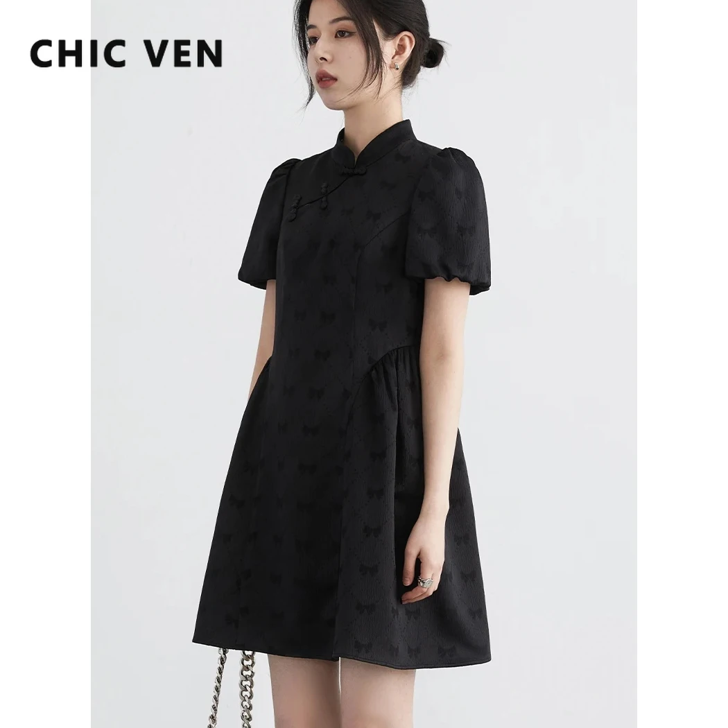 

CHIC VEN Women's Dresses Black Slim New Chinese Style Bubble Short Sleeve Cheongsam Mid Length Dress Party Spring Summer 2024