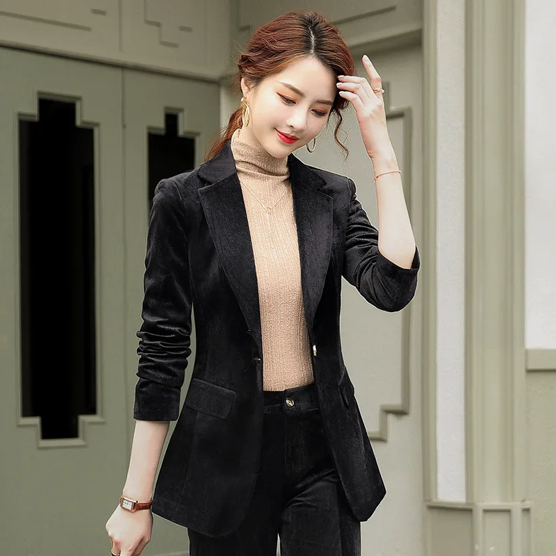 New Spring Fashion Women Midnight Navy Slim Corduroy Blazer Office Lady Single Button Suit Jacket Coat Girl Party Clothing Gift