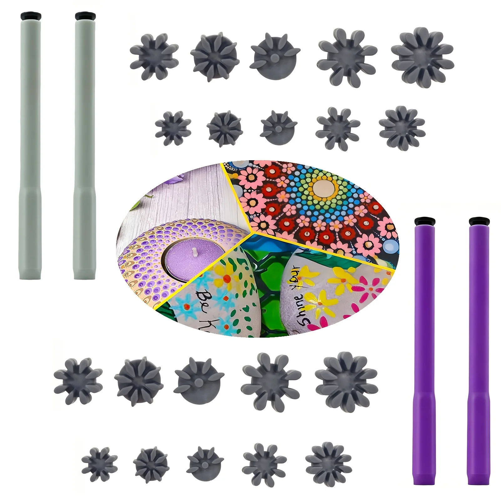 Petal-shaped mandala stamping Dot Painting Tools Set, including 10 stamp heads and two stamping pens; interchangeable stamping