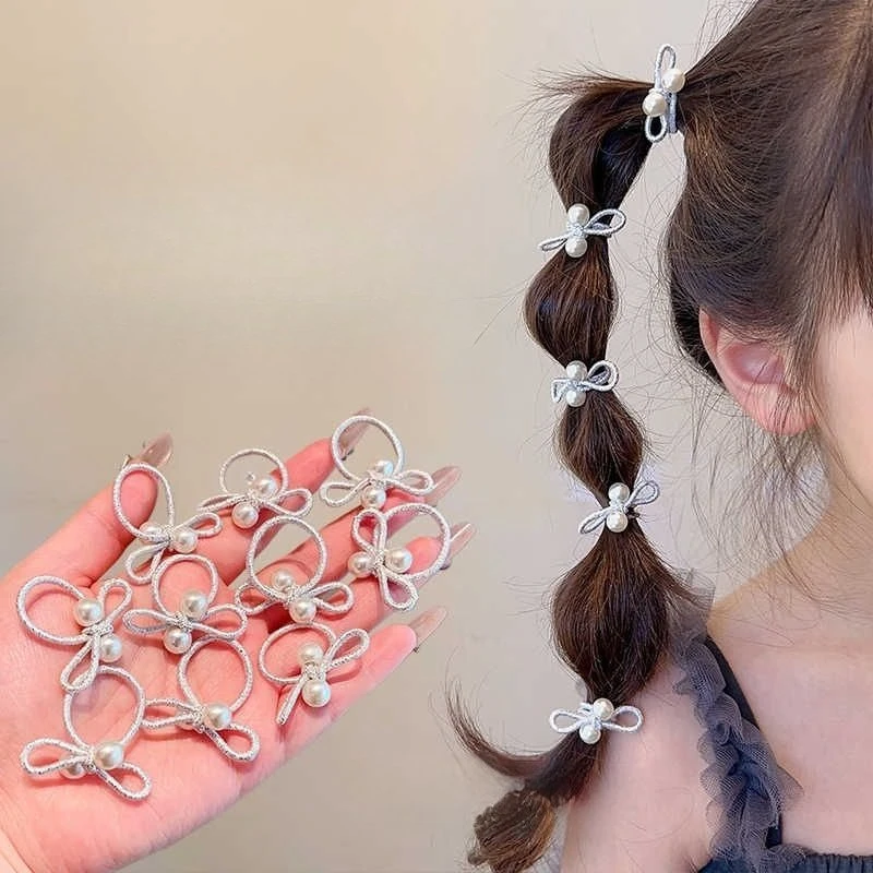 

Small Snag Free Hair Ties for Girls Korean Style Silver Pearl Bow Elastic Bands Set No Damage Gentle Toddler Hair Accessories
