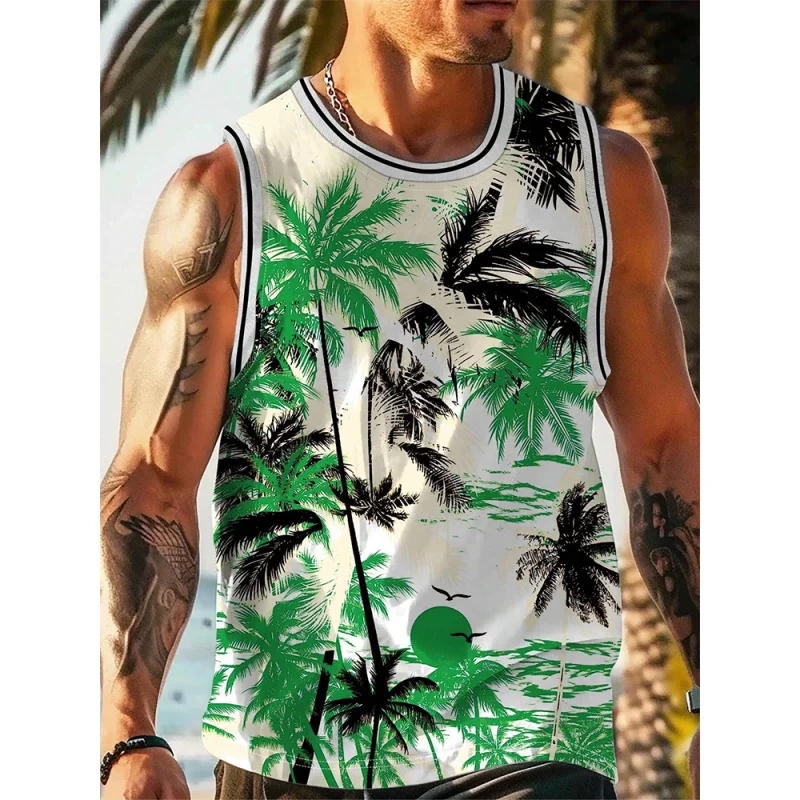 Colorful Coconut Tree Fish Pattern Tank Tops For Men Funny Animals Plants 3D Printed Tees Summer Loose Street O-Neck Vest Tops