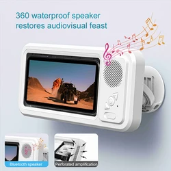 Shower Phone Holder with Bluetooth Speaker IPX4 Waterproof Anti-Fog Touch Screen Wall Mount Phone Holder for Shower Bathroom  ﻿