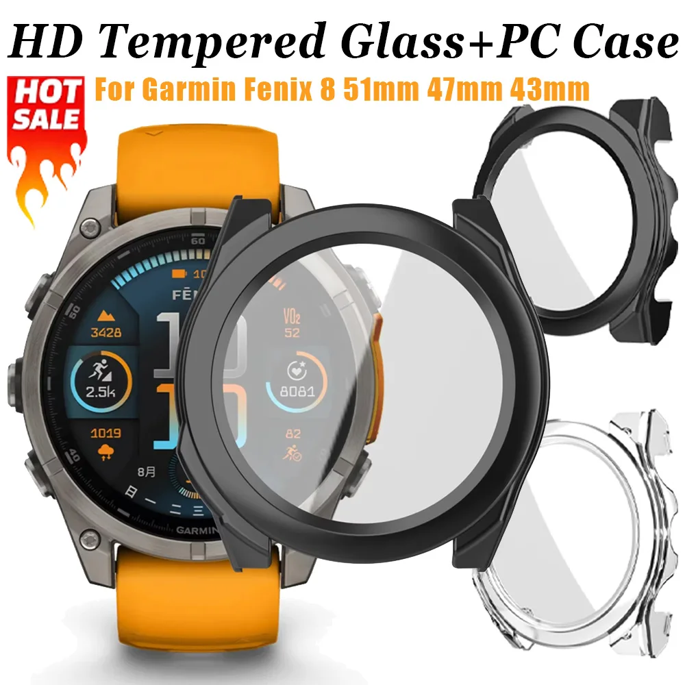 HD Tempered Glass+PC Case For Garmin Fenix 8 51mm 47mm 43mm Full Coverage Bumper Protector Cover For Garmin Fenix 8 Accessories