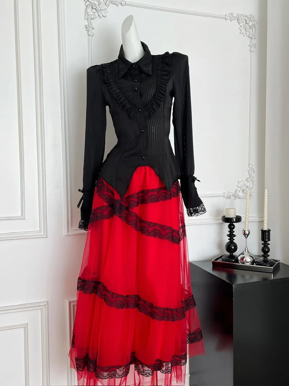 شبح فتاة القوطية Sle طويل Sve irt Bla loween زي المرأة Faion مجموعة خمر Sle الكبار الملابس الشتوية