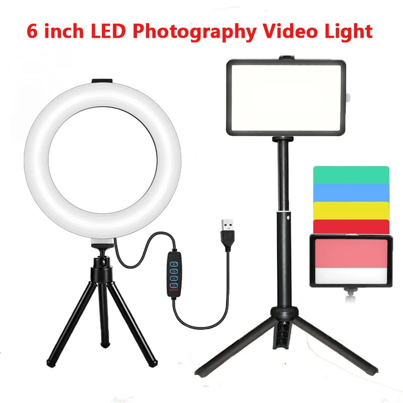 6 Inch Mini LED Selfie Square Ring Light Desktop Video Lamp With Tripod Stand USB Plug For YouTuber Live Vlog Makeup Studio