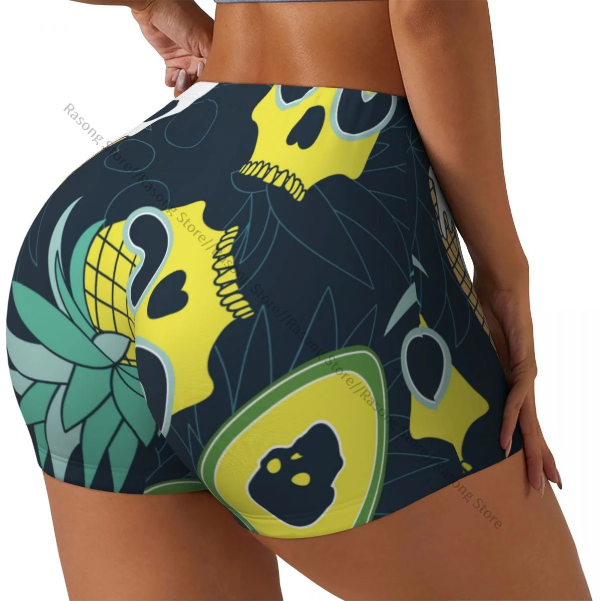 

Women's Yoga Shorts Summer Skull Of Hilarious Pineapple Ice Cream Avocado Scrunch Booty Butt Lifting Comfort Fitness Gym