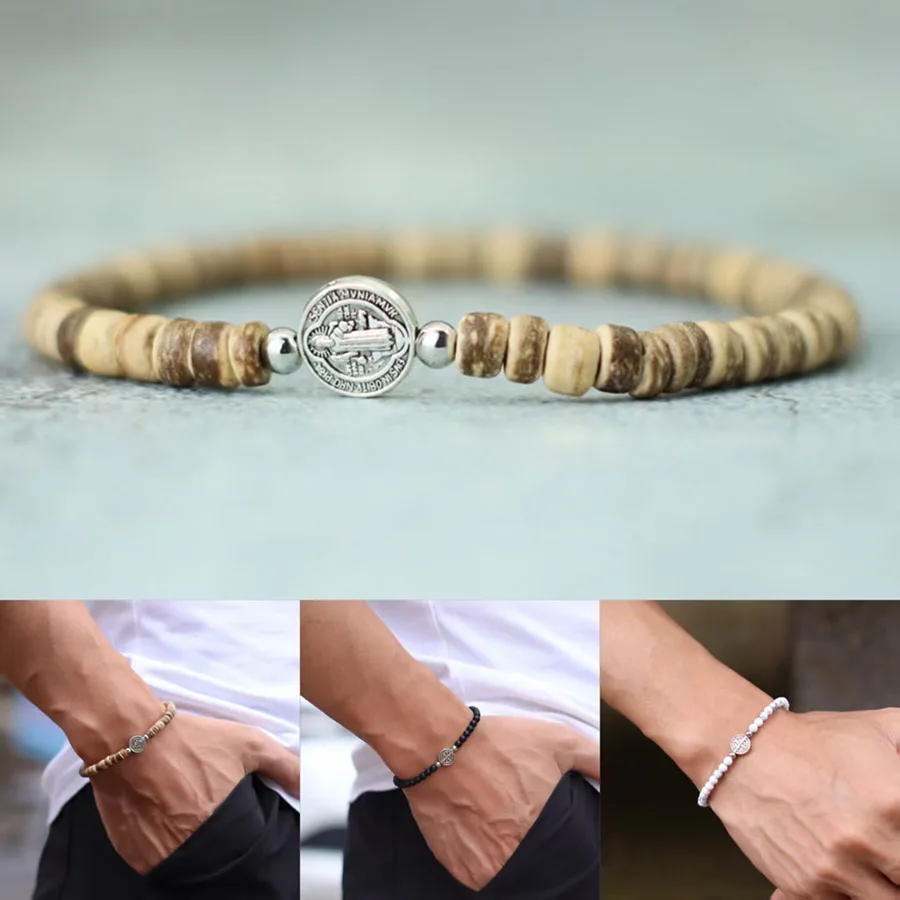 Retro 4mm Kleine Perlen Armband Männer Naturstein Tigeraugen Handgemachte Perlen Armband Jesus Kreuz Pary Amulett Meditation Schmuck