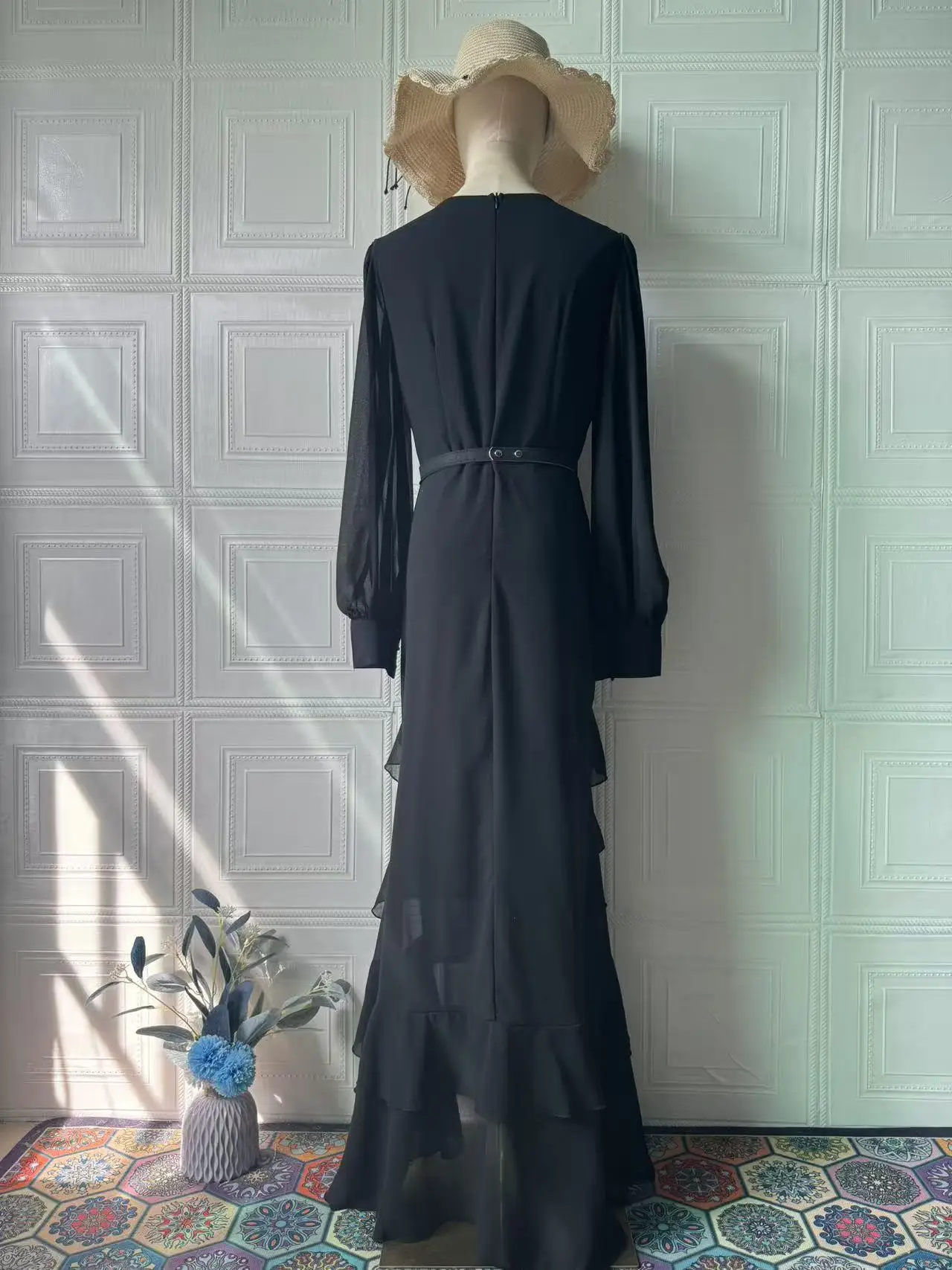 Elegant Solid Layered Ruffle Long Dress Women O Neck Long Sleeve Belt Chiffon Maxi Dress Autumn Wedding Guest Evening Party Robe