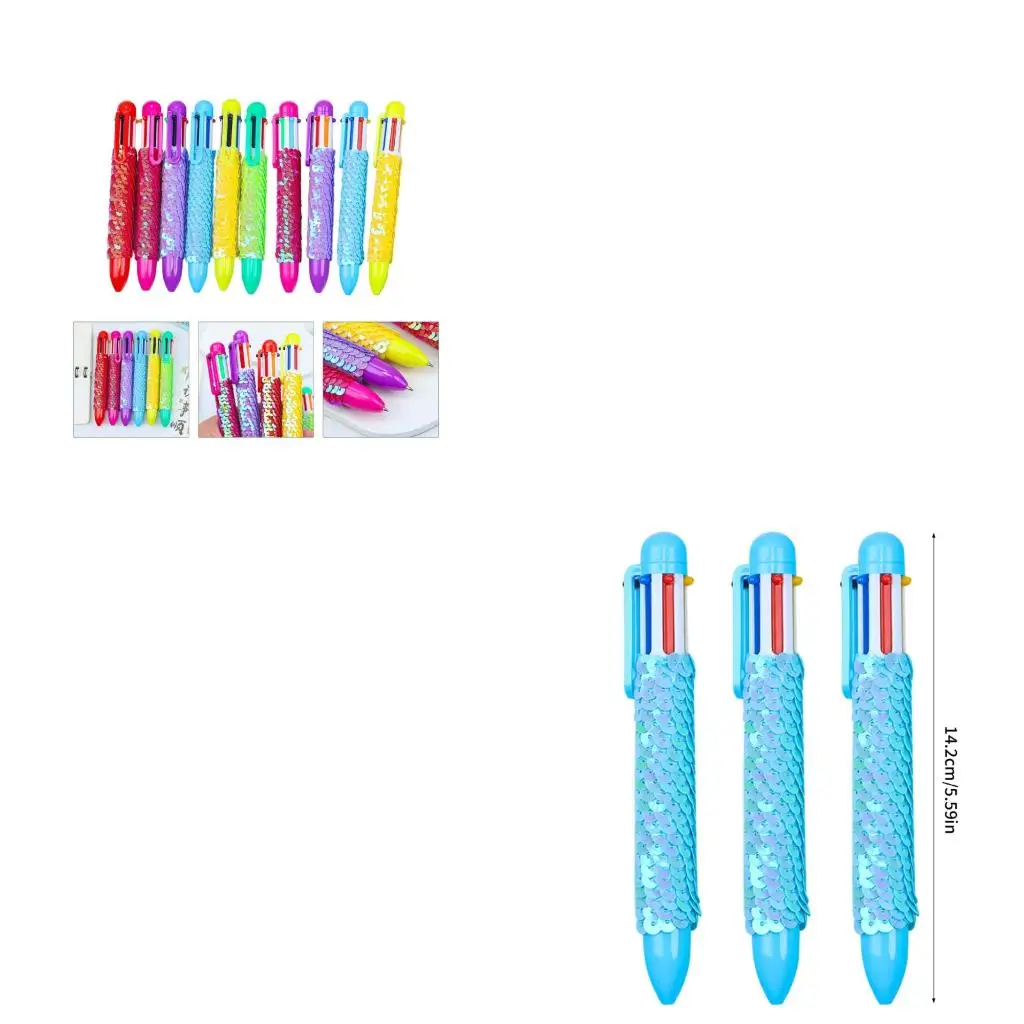 

10pcs Sequins Ballpoint Pen Multicolor Pen 6 in 1 Retractable Ballpoint Pen