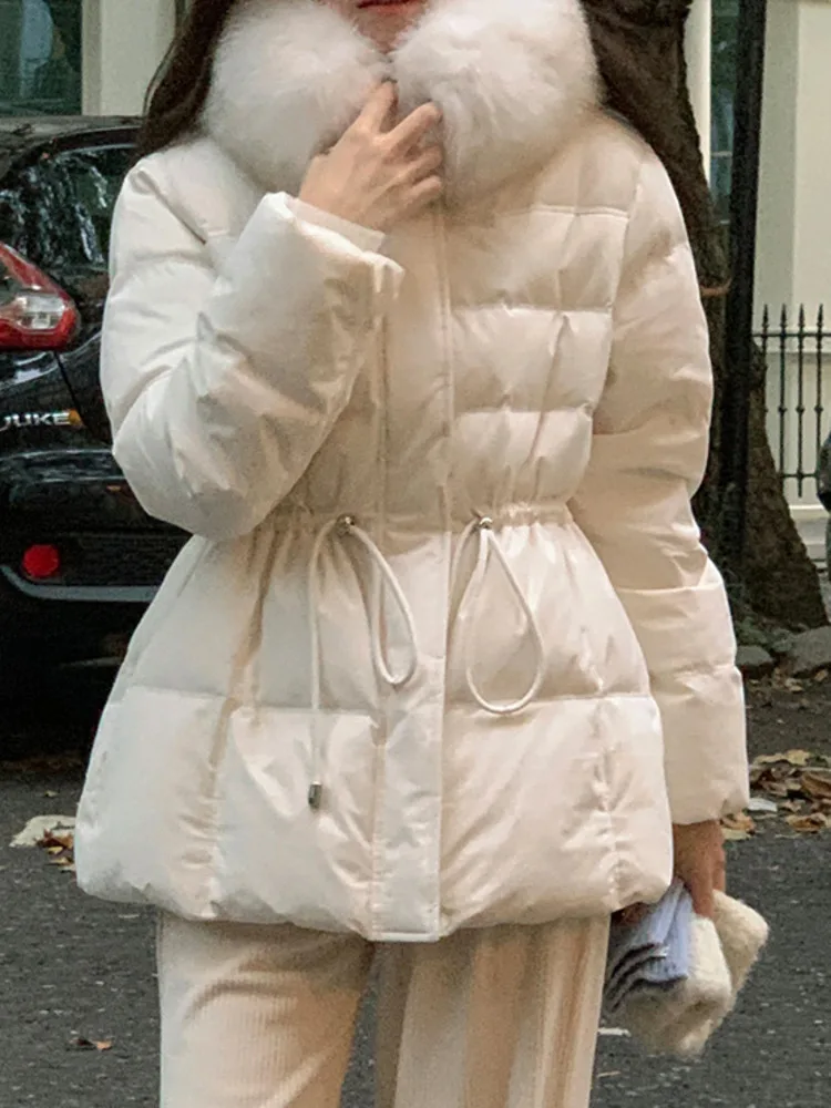 [EWQ] Korean Chic Cotton-padded Coat Spliced Big Fur Collor Hooded Drawstring Women Winter Thick Parkas Jacket 2024 New 16O3239