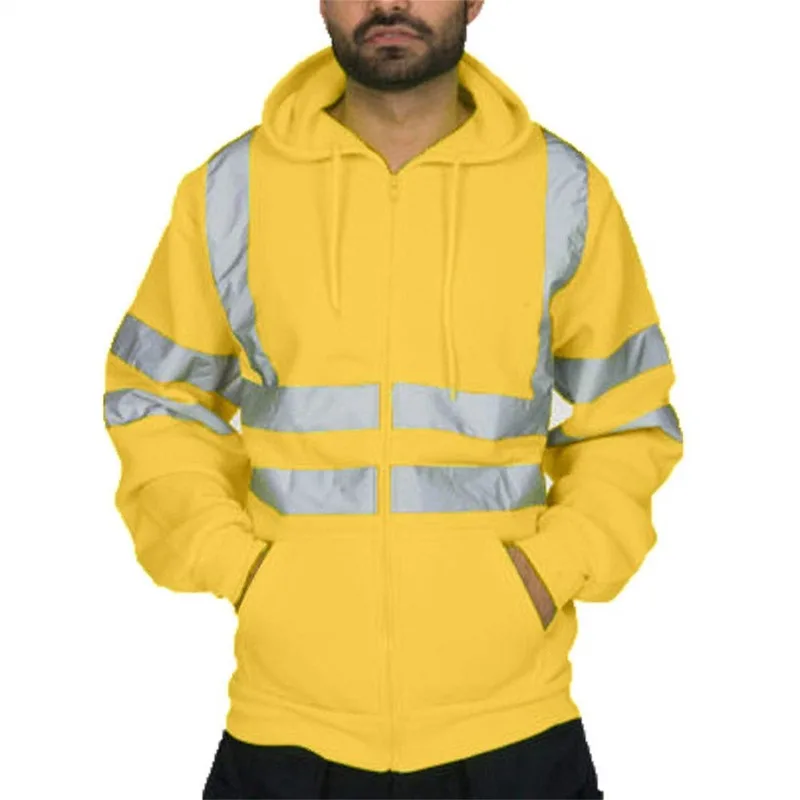 Men's High Visibility Reflective Sety Hoodie Full Zip Work Hooded Sweatshirt with Pockets for Construction Trfic