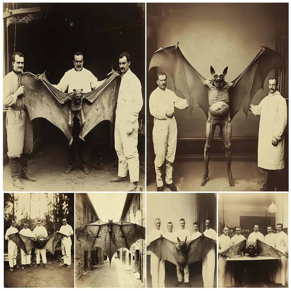 Giant Bat Monster Vintage Photography Wall Art Canvas print,Blood-Sucking Creatures And Scientists Retro Photo Art Poster Print