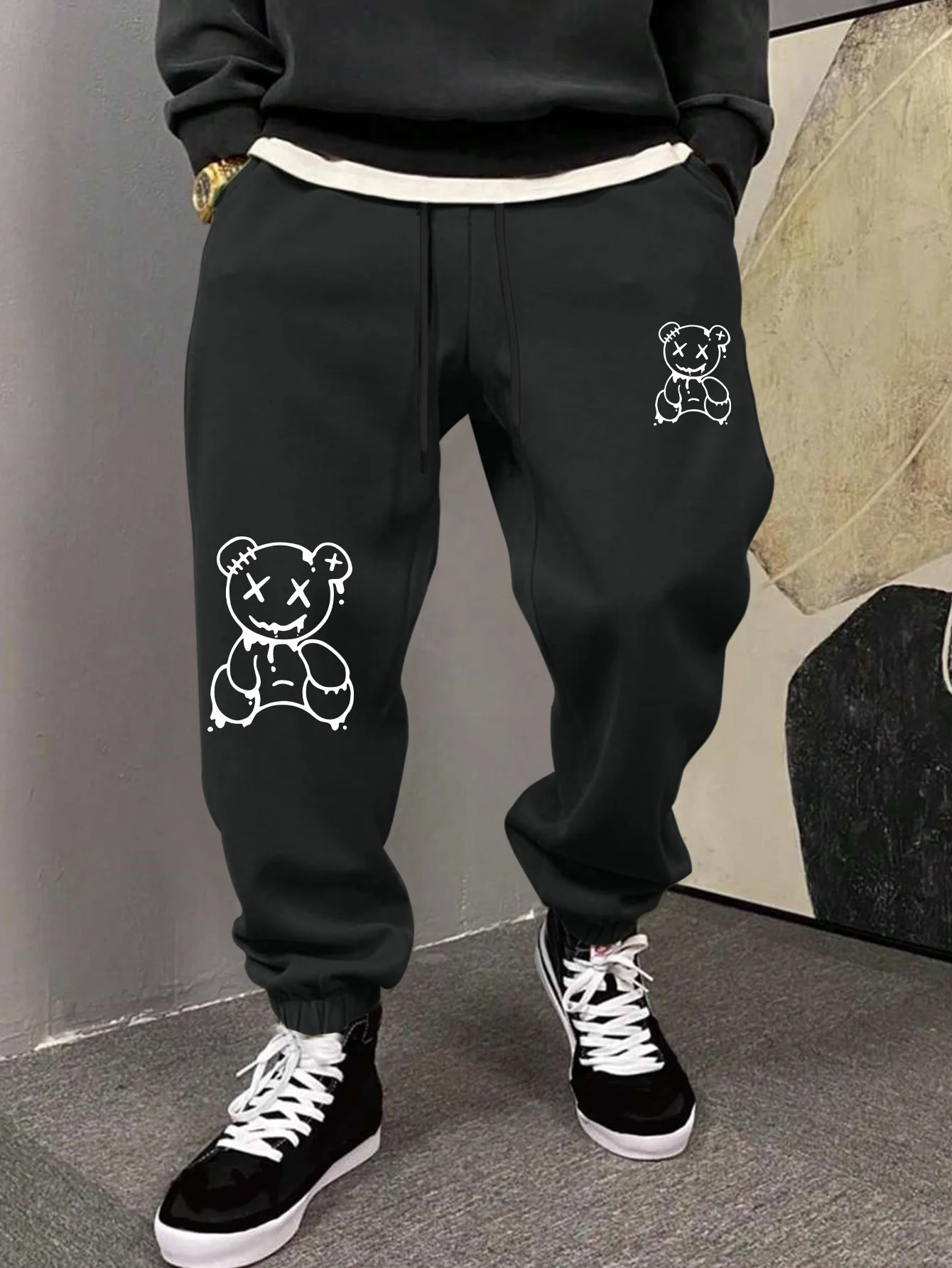 Men Jogger Sweatpants, Distorted Evil Bear Cartoon Graphic Elastic Cuff Drawstring Streetwear Casual Pants