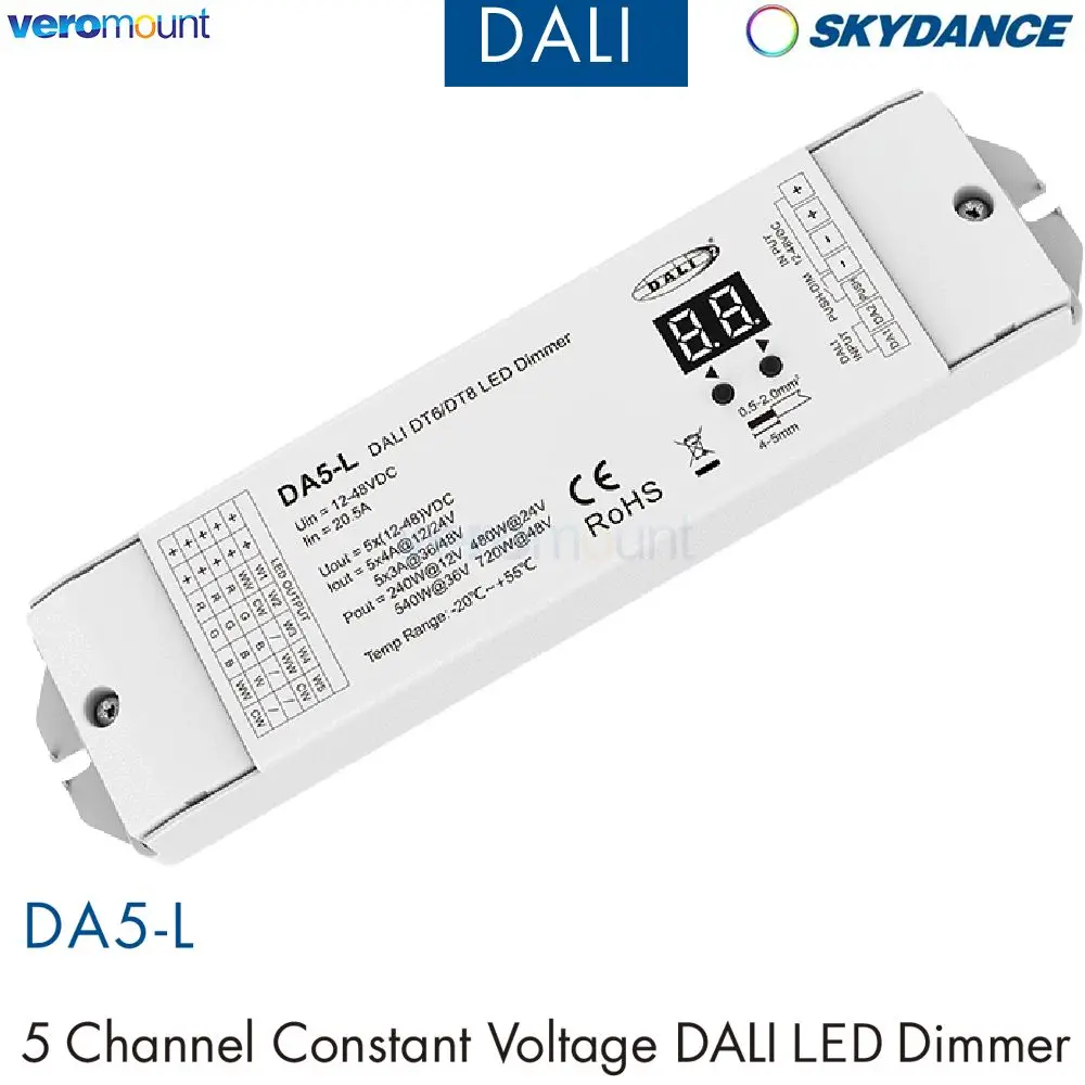 

Skydance DA5-L (DT6/DT8) 12/24/36/48 В постоянного тока 5-канальный диммер 5 в 1 DALI DALI-2 ШИМ-диммер для светодиодной лампы постоянного напряжения