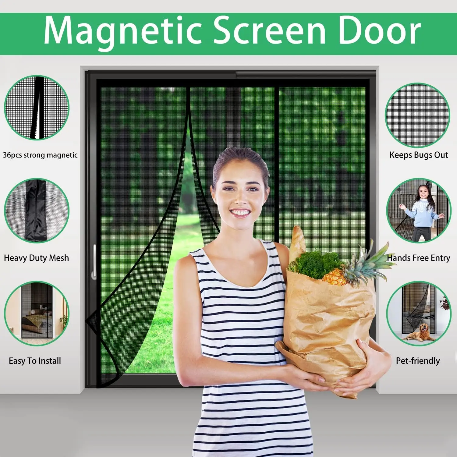 Fiberglass Magnetic Screen Door, Self Sealing Magnets Door Screen, Reinforced Heavy Duty Mesh Net Closure for Sliding Door, P