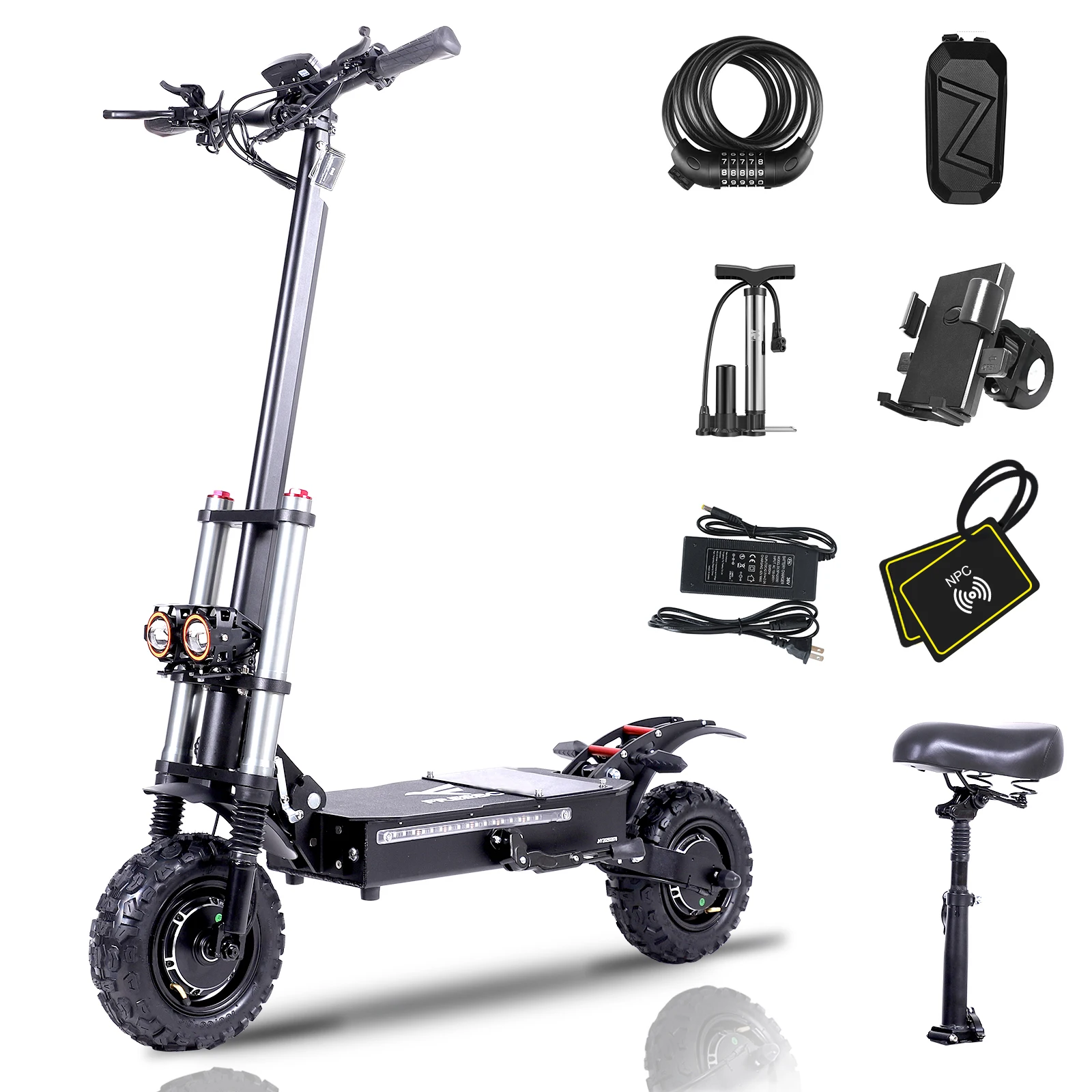 

Электросамокат FREEBOY 6000W для бездорожья со съемным сиденьем, батареей 60V 38Ah, двумя двигателями, скорость до 50 миль/ч