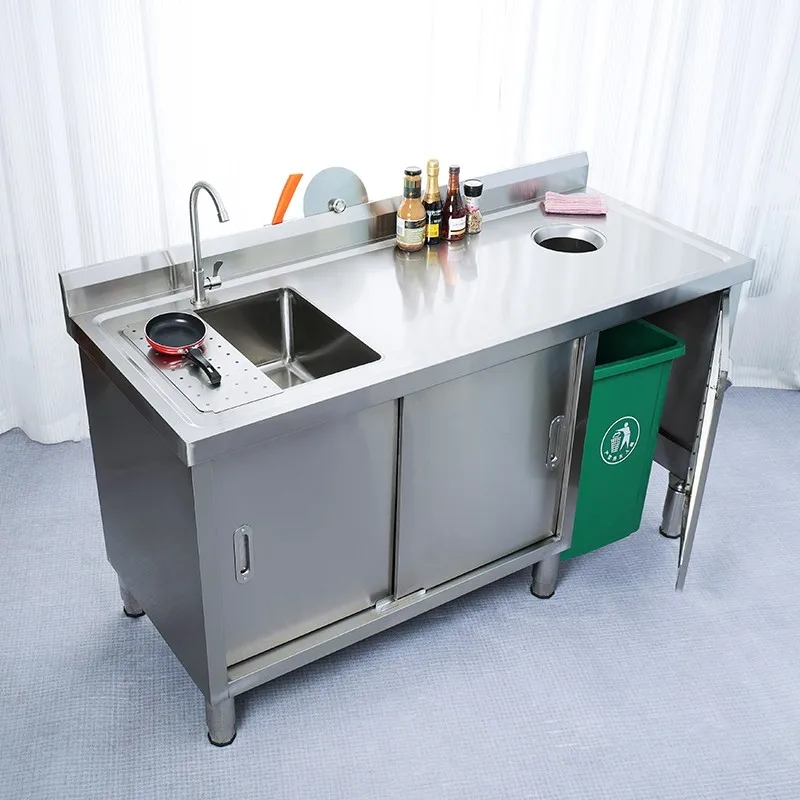 Stainless steel fruit cutting table, kitchen workbench, fish killing table, movable drain plate, double-layer rack