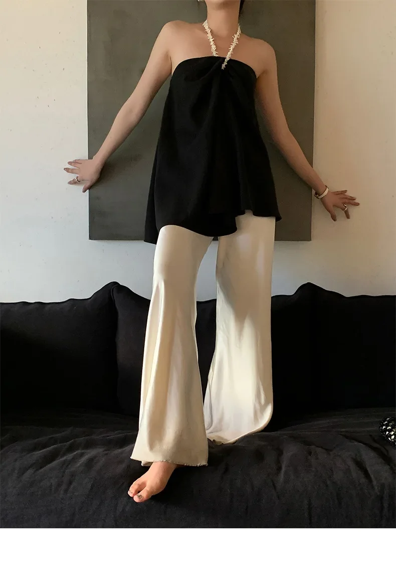 

LangMao Beige Satin Wide Leg Pants Long Floor Casual Silk Pants Women's Summer