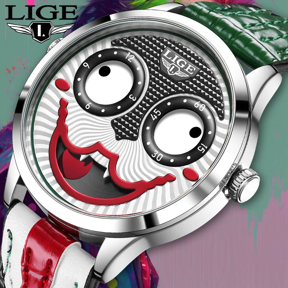 

LIGE Cool Joker Watch Men Classic Men's Clown Watches Fashion Leather Strap Waterproof Quartz Wristwatches For Men Reloj Hombre