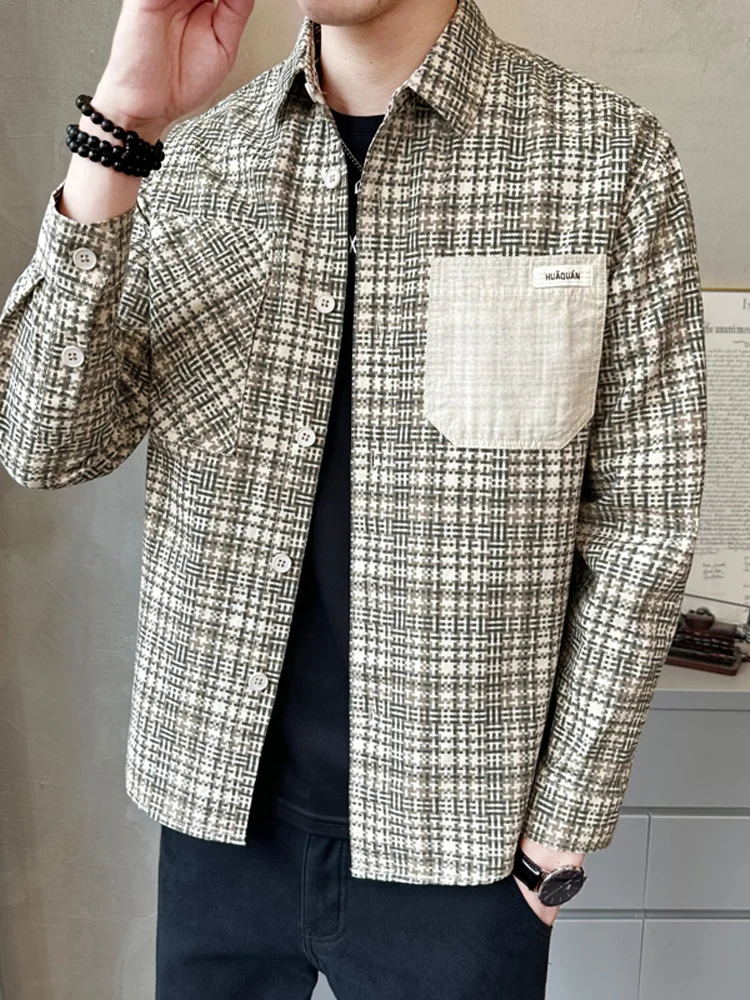 

Khaki Plaid Long Sve irt Jaet Men's Casual Loose Fit Cotton Spring Autumn Trendy Brand Light Maturi Sle