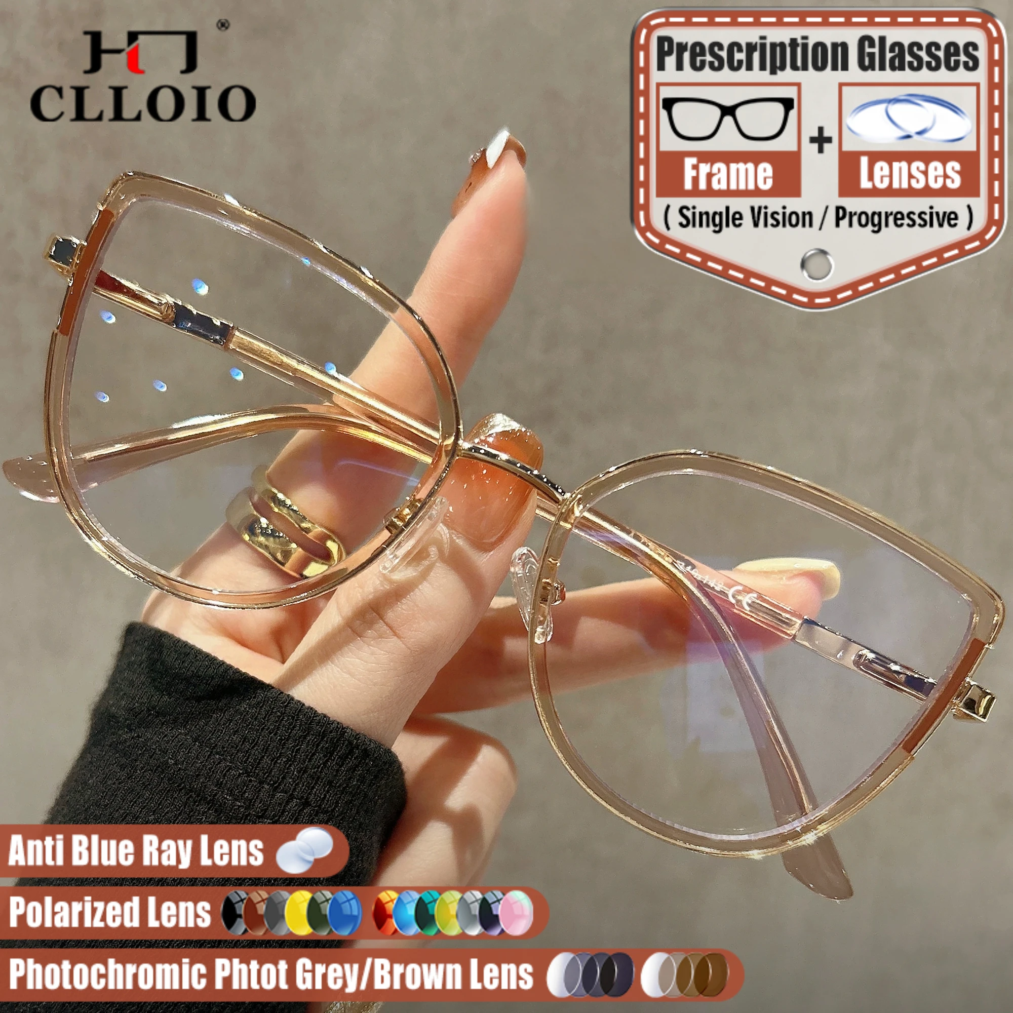 

CLLOIO Mew Fashion Cat Eye Prescription Glasses Women Photochromic Myopia Optical Eyeglasses Anti Blue Light Progressive Eyewear