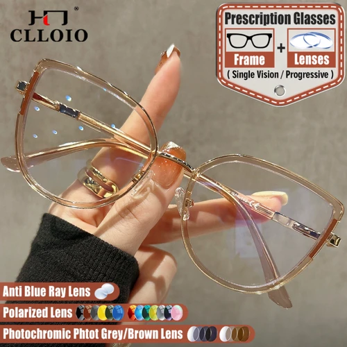 Imagen 1 del producto CLLOIO Mew gafas graduadas de ojo de gato a la moda para mujer, gafas fotocromáticas para miopía, gafas ópticas antiluz azul, gafas progresivas