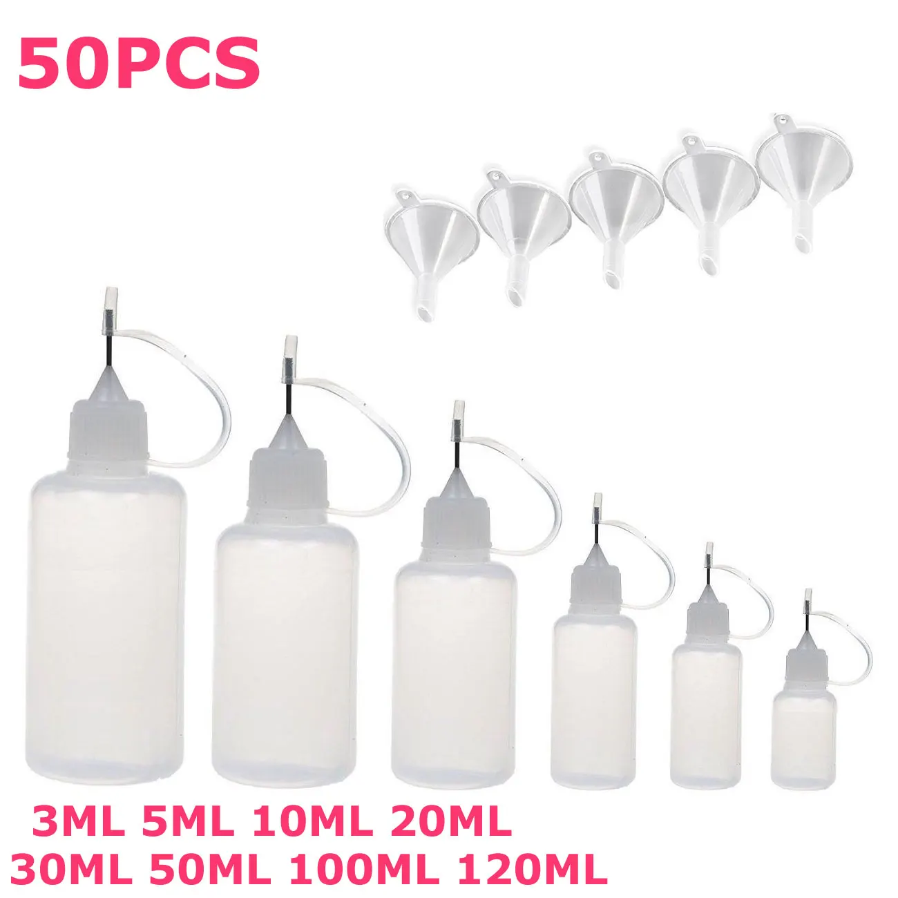 50PCS X 5ML-120ML Plastic Empty Squeezable Dropper Bottles Glue E Liquid Juice Containers with Steel Needle Tips + Mini Funnels