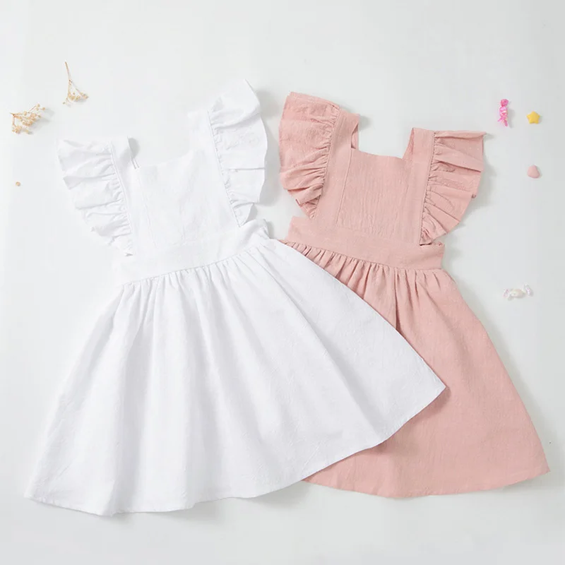 2024 New Summer Korean Style Baby Girls Princess Dress Linen Cotton Solid Color Sleeveless Kids Party Dress Sisters Clothes