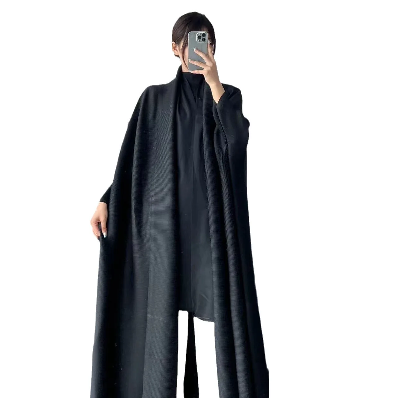 Solid Color Arabic Women\'s Robe Pleated Loose Plus Size Plus Long Robe Cardigan Nine-minute Sleeve Cardigan Coat 2024 Summer New