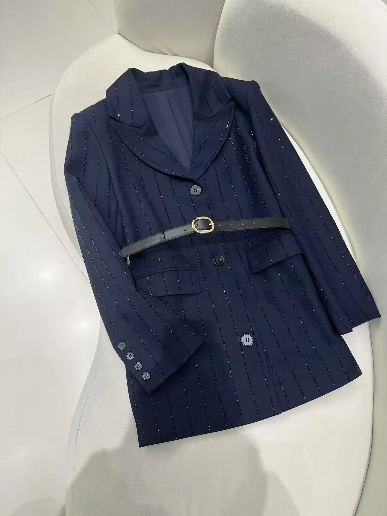 Women's dark blue diamond striped suit jacket with long sleeves, single breasted slim fit, elegant blazer for women