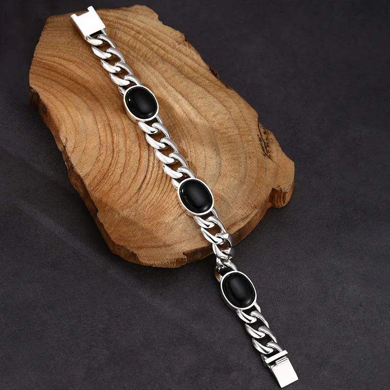 925 Sterling Unisex Style Black Agate Cuban Bracelet, Thai Silver Vintage Jewelry
