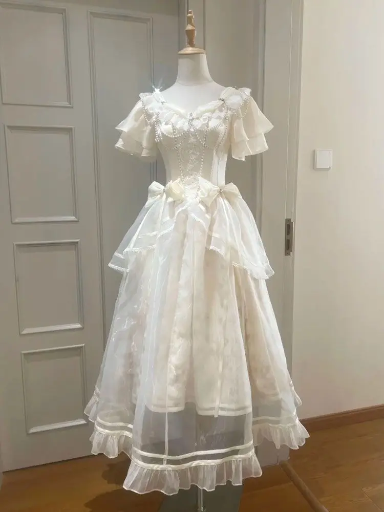 

Japan Spring And Summer Light Apricot Print Palace Style Elegant Girly White Moonlight Long Skirt Lolita