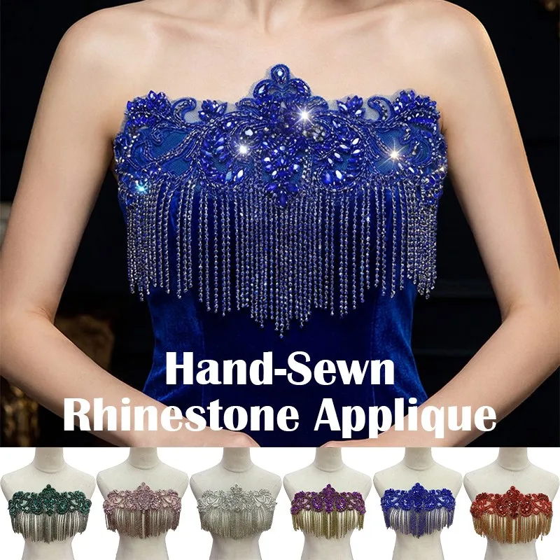 

1 шт. нашивка-аппликация на воротник со стразами, ручной работы, с кристаллами и кисточками, для свадебных и вечерних нарядов, декор для одежды своими руками