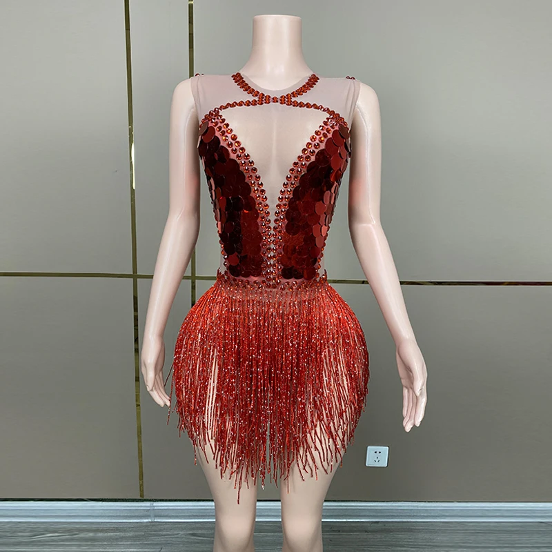 

Red Sequins Tassel Dress Women Party Banquet Evening Dresses Drag Queen Clothing Adult Clubwear Nightclub Dancewear VDB8004