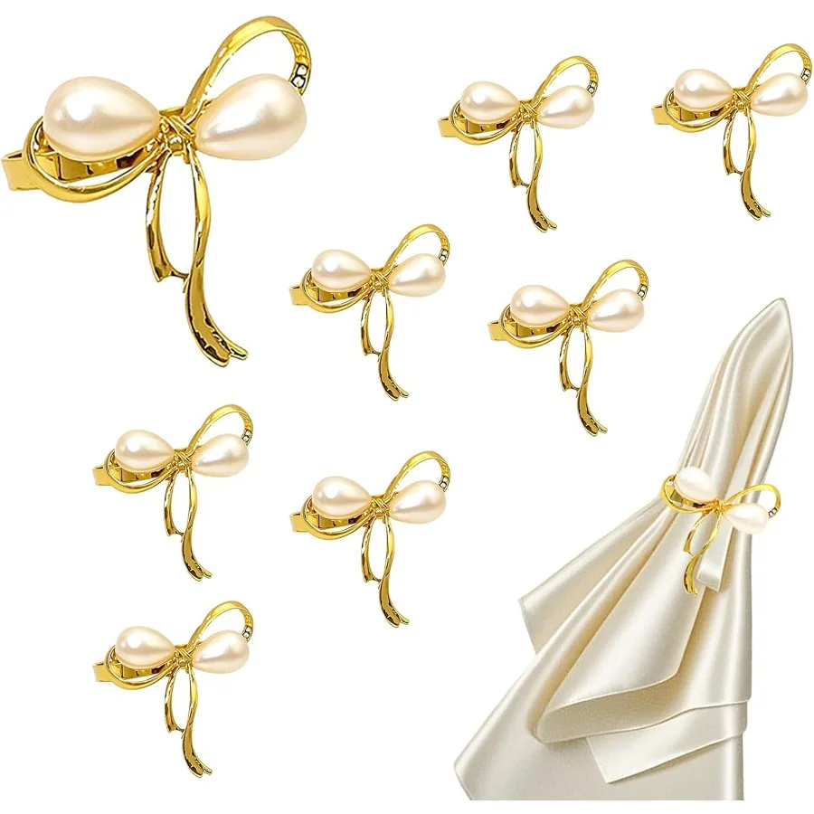 

Кольца для салфеток с золотым жемчугом и бантом, набор из 8 рождественских кольцов для салфеток с галстуком-бабочкой для Рождества, свадьбы, новогоднего банкета, элегантного сна с узлом-бабочкой