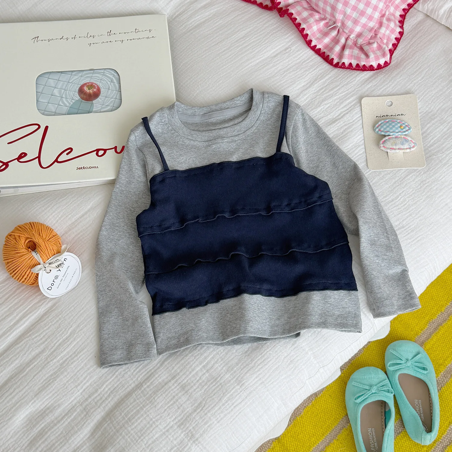 Girls T-shirt 2026 Spring and autumn new childrens clothing Korean girl baby fold wear wooden ear side false two bottom shirt