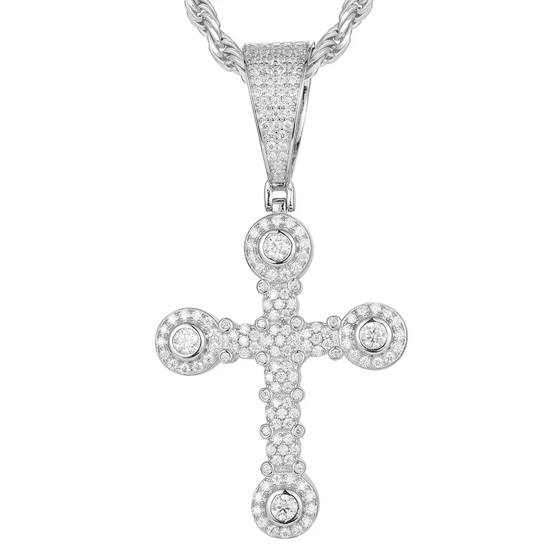 

S925 Sterling Silver Moissanite Bling Ice Out Round Cross Pendants Necklaces for Women Men Unisex Hip Hop Rapper Jewelry